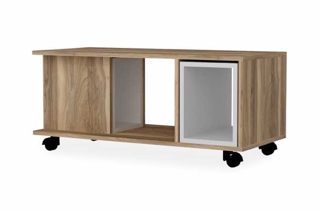 Soffbord nerling 100 cm på hjul - vit/valnötsbrun