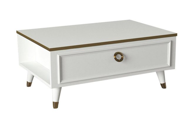 Soffbord bondsjö 90 cm med förvaring hyllor + lucka - vit/gul