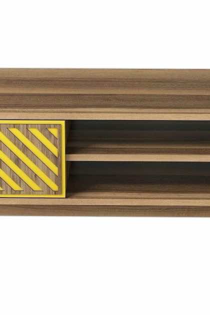 Soffbord amtorp 105 cm med förvaring 2 hyllor linjer + skåp - brun/gul