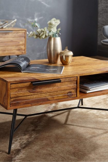 Soffbord stamer 87 cm med förvaring låda + hylla - massivt trä/svart