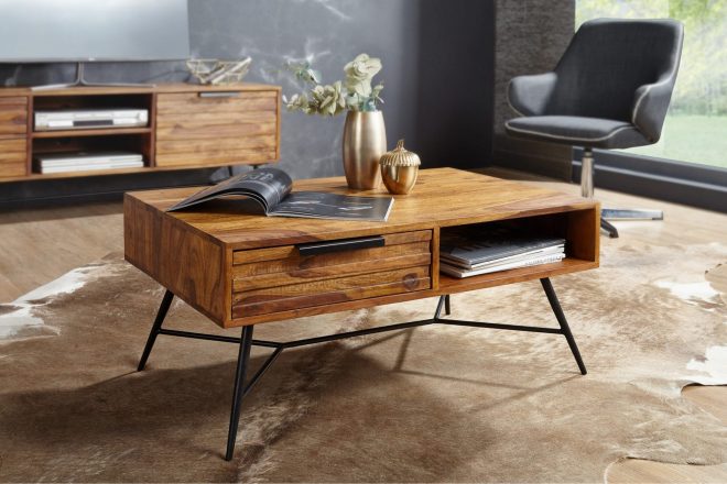 Soffbord stamer 87 cm med förvaring låda + hylla - massivt trä/svart