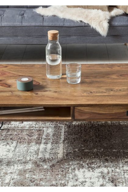 Soffbord lochside 117 cm med förvaring 2 lådor + hyllor - massivt trä