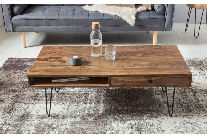 Soffbord lochside 117 cm med förvaring 2 lådor + hyllor - massivt trä