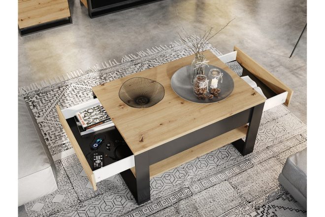 Soffbord quant 100 cm med förvaring 2 lådor + hylla - ekfärg/svart