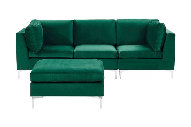 3-sits soffa samkom med fotpall - sammet/grön