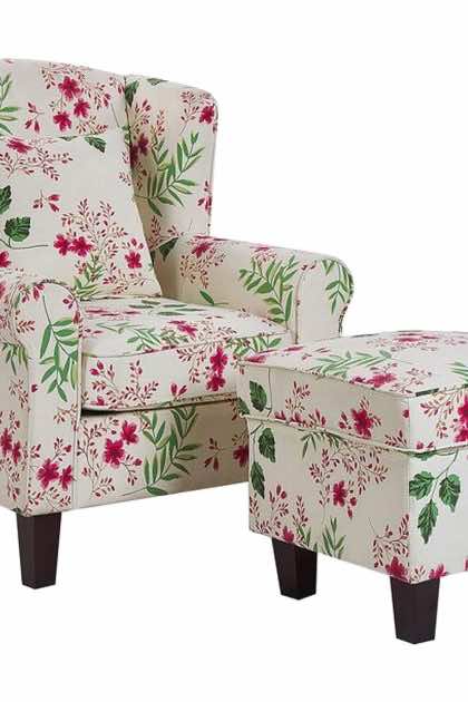 Fåtölj vangli med fotpall blommönster - beige