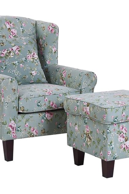 Fåtölj vangli med fotpall blommönster - grön
