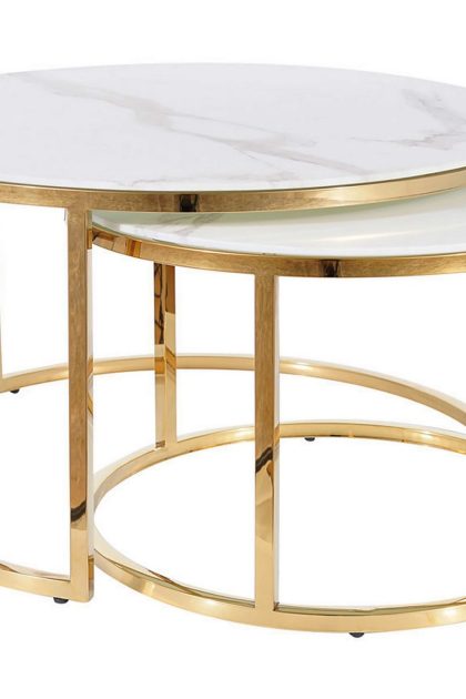 Soffbord cumesa runt marmorlook - glas/vit matt lack/guld