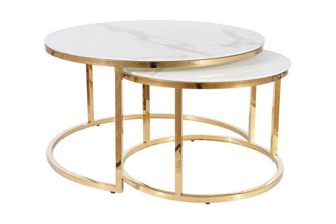 Soffbord cumesa runt marmorlook - glas/vit matt lack/guld