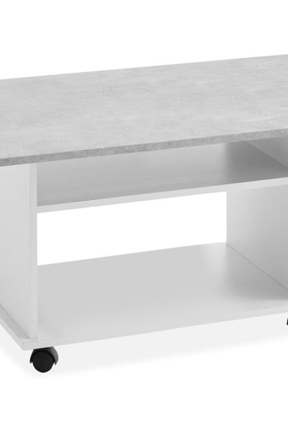 Soffbord heidy 100 cm med förvaring hylla på hjul - vit/betonggrå