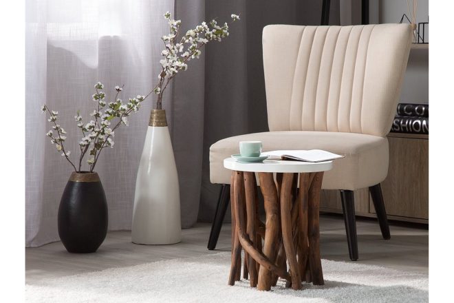 Soffbord houma 36 cm runt med grenar - teak/vit