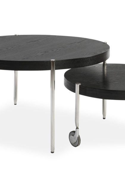 Satsbord cirus 91cm runt 2 bord marmormönster svart askfanér - stenexpo