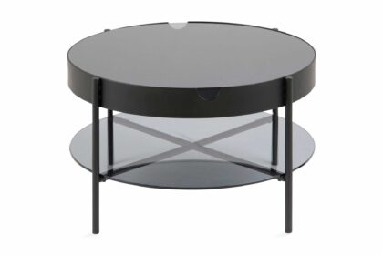 Soffbord anabel 75 cm runt med förvaring hylla - rökfärgad glas/svart