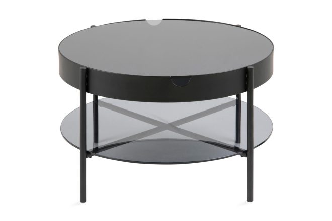Soffbord anabel 75 cm runt med förvaring hylla - rökfärgad glas/svart