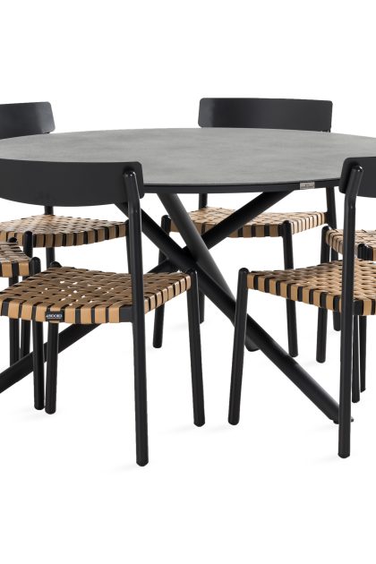 Matgrupp utomhus alex 140 cm rund + 6 buckle matstol - svart/grå stenlook/beige