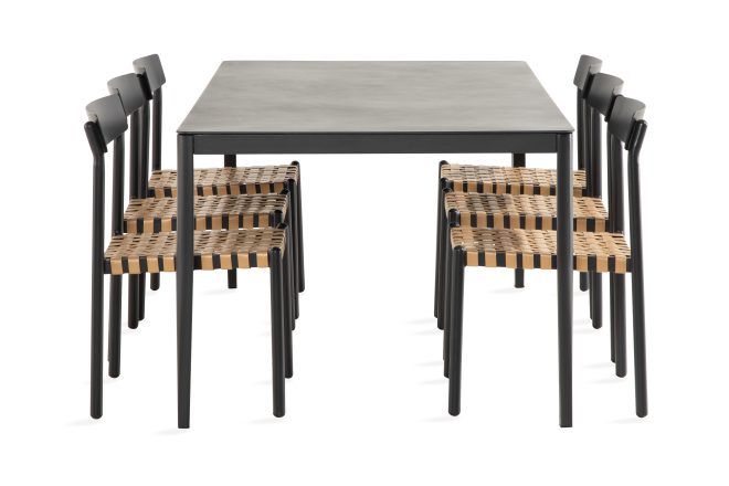 Matgrupp utomhus alex 200x100 cm + 6 buckle matstol - svart/grå stenlook/beige