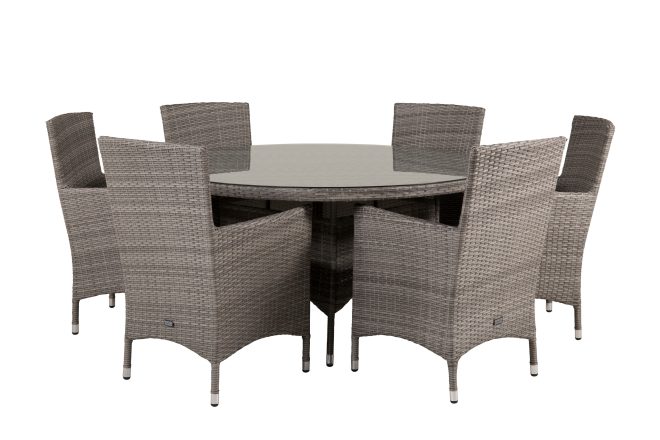 Volta matgrupp utomhus rund Ø150cm + 6 malin karmstolar utomhus - natur/svart
