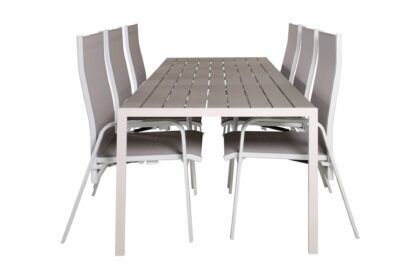 Matgrupp utomhus buitepos inkl 6 dusternbrook karmstolar - polywood|vit
