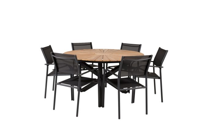 Mexico matgrupp utomhus rund Ø140cm + 6 santorini karmstolar utomhus - svart/b