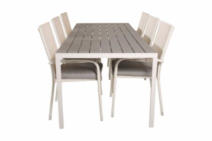 Matgrupp utomhus buitepos inkl 6 ariamab karmstolar - polywood|vit