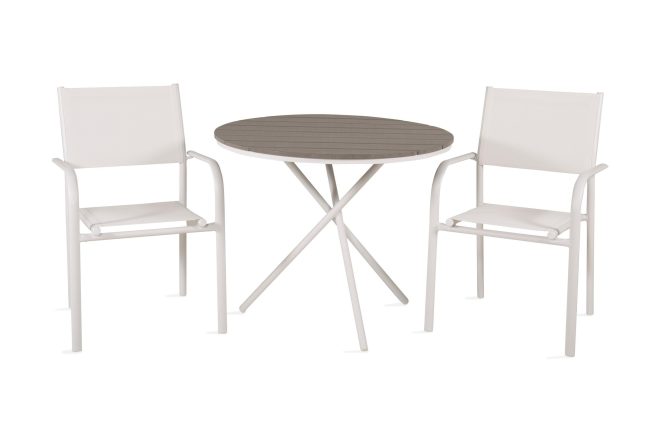 Parma caféset rund Ø90 cm + 2 santorini karmstolar - brun/vit