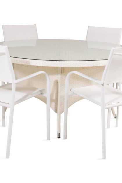 Volta matgrupp utomhus rund Ø150cm + 6 santorini karmstolar - glas/vit
