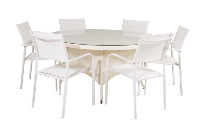 Volta matgrupp utomhus rund Ø150cm + 6 santorini karmstolar - glas/vit