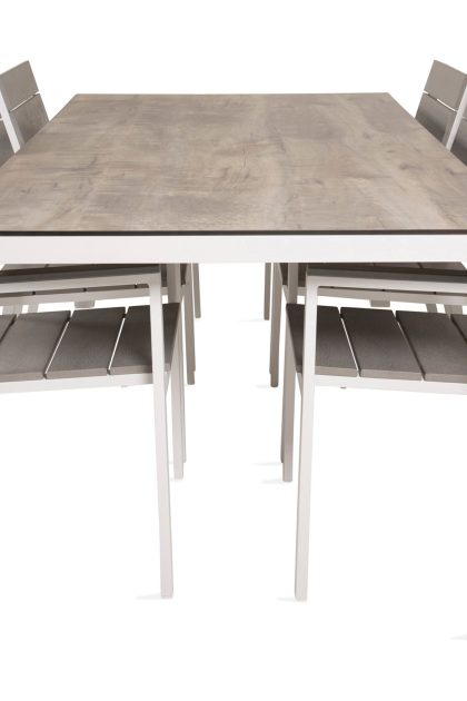 Llama matgrupp utomhus 205cm + 6 levels stapelbara matstolar - vit/grå