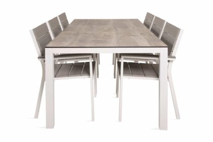 Llama matgrupp utomhus 205cm + 6 levels stapelbara matstolar - vit/grå