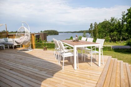 Bois matgrupp utomhus 200cm + 6 santorini karmstolar - natur/vit