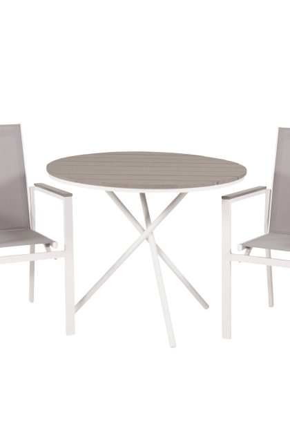 Parma caféset rund Ø90 cm + 2 karmstolar - vit/grå