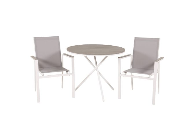 Parma caféset rund Ø90 cm + 2 karmstolar - vit/grå