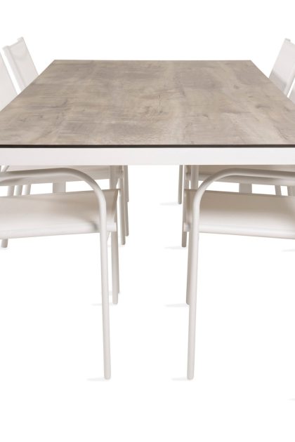 Llama matgrupp utomhus 205cm + 6 santorini karmstolar - vit/grå