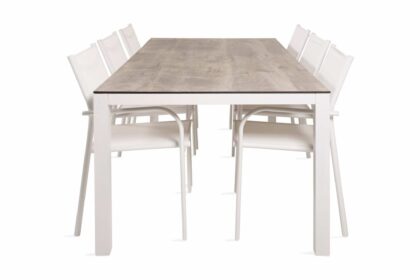 Llama matgrupp utomhus 205cm + 6 santorini karmstolar - vit/grå