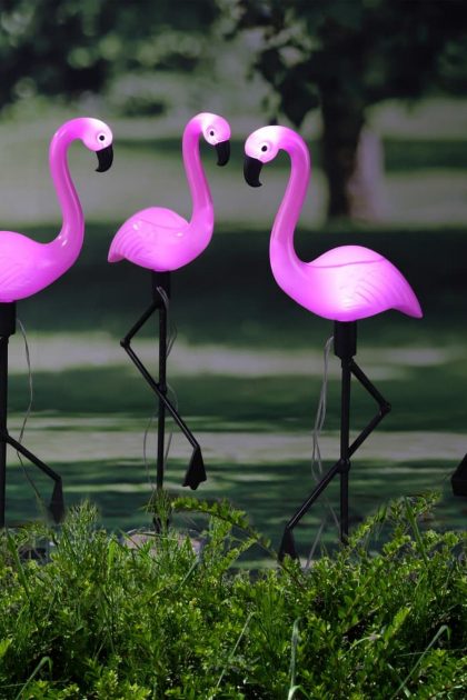 Hi soldriven led trädgårdsflamingo 3 st - röd