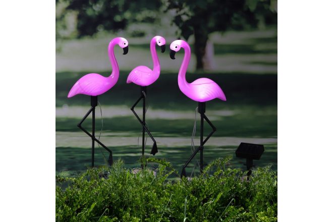 Hi soldriven led trädgårdsflamingo 3 st - röd