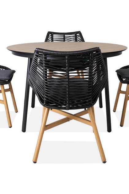 Matgrupp utomhus helsinki 120 cm rund + 4 utestolar m dyna - svart/natur/grå