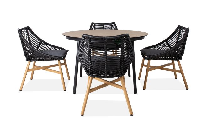 Matgrupp utomhus helsinki 120 cm rund + 4 utestolar m dyna - svart/natur/grå