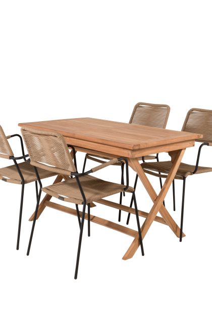 Kenya matgrupp utomhus 120 cm + 4 st lindos karmstolar - svart/beige