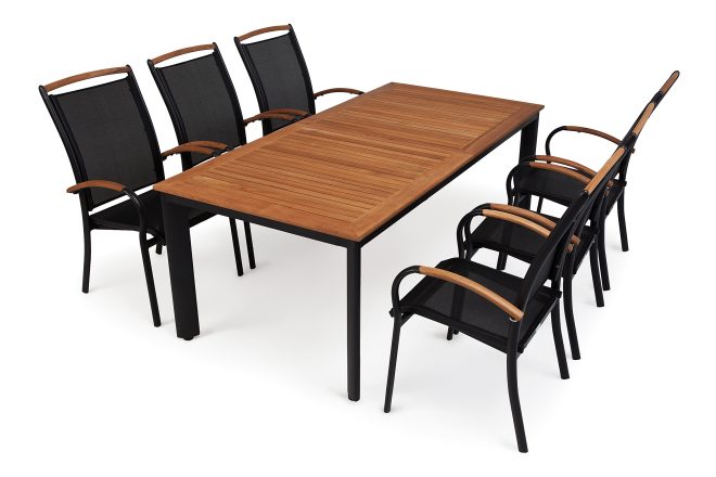 Matgrupp utomhus hillerstorp nydala 96x150-200 + 6 karmstolar - teak|svart