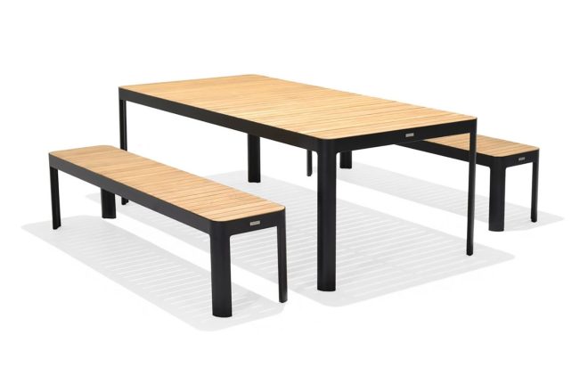 Matgrupp utomhus portals 209x105 cm + 2 bänkar - teak/svart