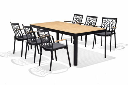 Matgrupp utomhus portals 209 cm + 6 karmstolar - svart/trä