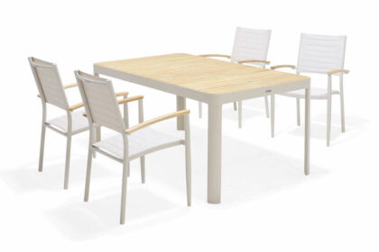 Matgrupp utomhus portals 161 cm + 4 karmstolar - teak/vit