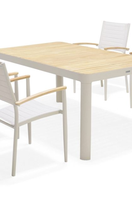 Matgrupp utomhus portals 161 cm + 4 karmstolar - teak/vit
