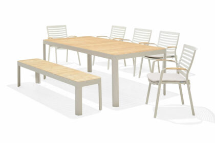 Matgrupp utomhus portals 209 cm + 2 bänkar - vit/trä