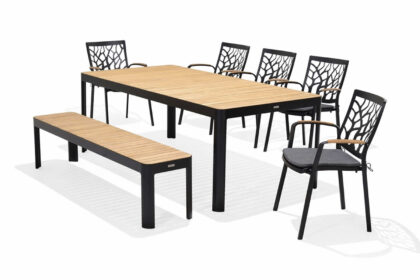 Matgrupp utomhus portals 209 cm + 5 karmstolar + bänk - svart/trä