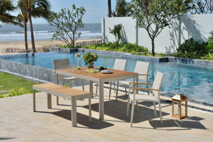 Matgrupp utomhus portals 161 cm + 4 karmstolar + bänk - vit/trä