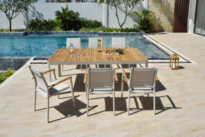 Matgrupp utomhus portals 209 cm + 6 karmstolar - vit/trä