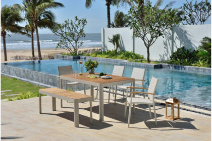 Matgrupp utomhus portals 161 cm + 6 karmstolar - vit/trä