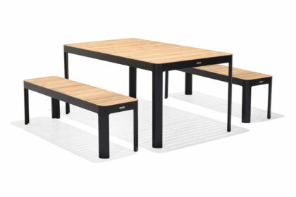 Matgrupp utomhus portals 161x95 cm + 2 bänkar - teak/svart